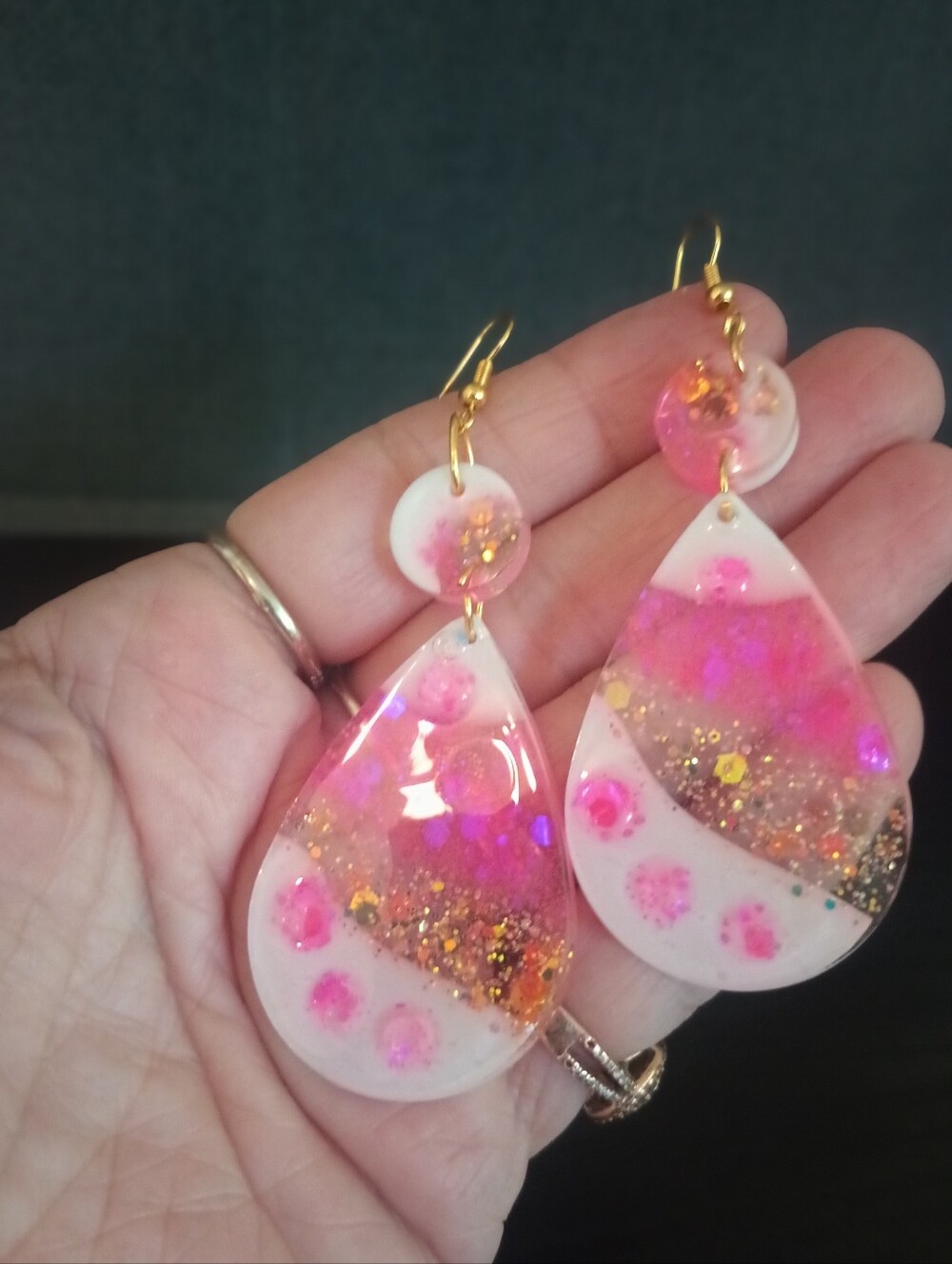 Pink Glitter Teardrop Dangle Earrings with Gold Hooks